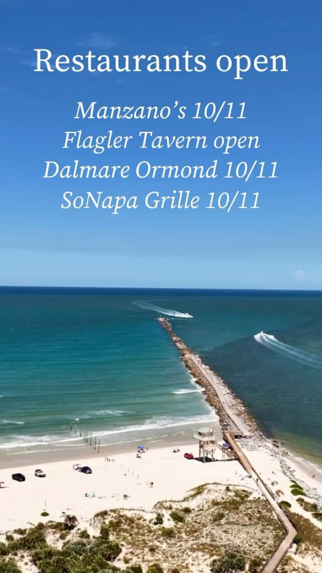 As promised here’s a list of restaurants that will be open. If you want to be included let me know and I’ll update this list. 

The list will be updated below as I get information.

@manzanosbeachsidedeli 
@nsbflaglertavern 
@dalmareormond 
@sonapagrille 
@outriggerstikibarandgrille 
@nsbyumisushi 
@panheadspizzeria 
@laterrazansb1414 
@thebakerstablensb 10/12 for dinner service and will resume regular hours next week
@crabbysnsb 
@cafeverde 10/12 at 11a
@riverparkterrace 
@norwoods_treehouse 
@nsbpizza 
@jimmyhulas 
@corkscrewnewsmyrna 
@prima.nsb 
@limoncello_south 
@ciaobella_newsmyrnabeach 
@islandroasterscoffeecompany 
@thegeneralpublichouse 
@chases_on_the_beach 
@thespottnsb 
@crimsonhousensb 
@viacanaletto 
@theknothousensb 

•
•
•
#girlswholiketoeat #foodporn  #lovensb #newsmyrnabeach #nsbeats #floridafoodie #girlswholiketoeatnewsmyrnabeach #nsbfoodie #girlswholiketoeatofficial #florida #teamhappyfoodies #floridafood #carbs #nsbfood #loveNSB #nsbeats #newsmyrnabeachfood